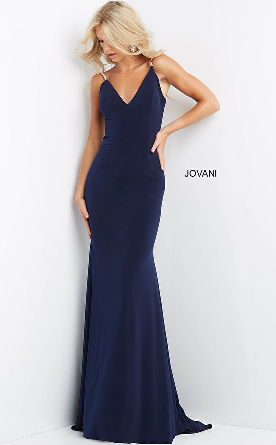 Jovani 07297 Navy Fitted Open Embellished Back Dress